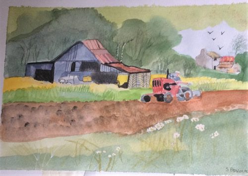 Sandra P. Hard day's work, watercolour & ink.